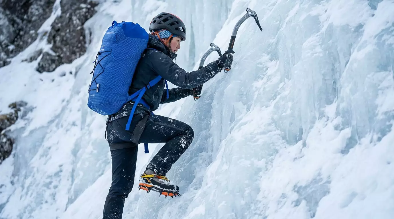 氷壁を登るクライマー。背中にはアークテリクスのAlpha FL。鮮やかなオレンジ色。シンプルで無駄のないデザイン。