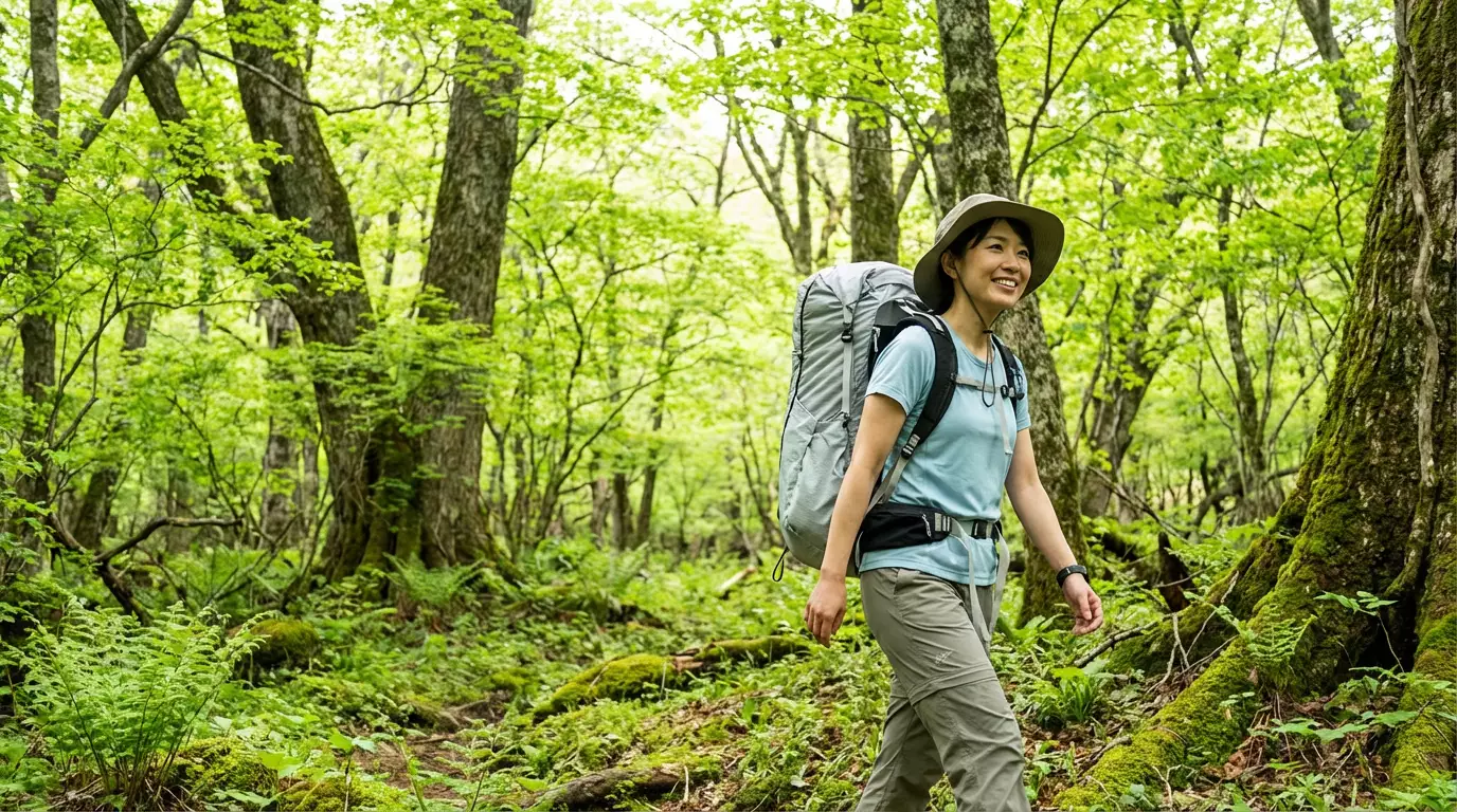 新緑の森を歩くハイカー。アークテリクスのAeriosを背負っている。メッシュ素材が使われていて涼しげ。