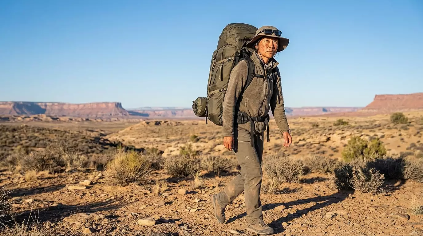 荒野を歩くバックパッカー。巨大なアークテリクスのBoraを背負っている。ヒップベルトが特徴的。