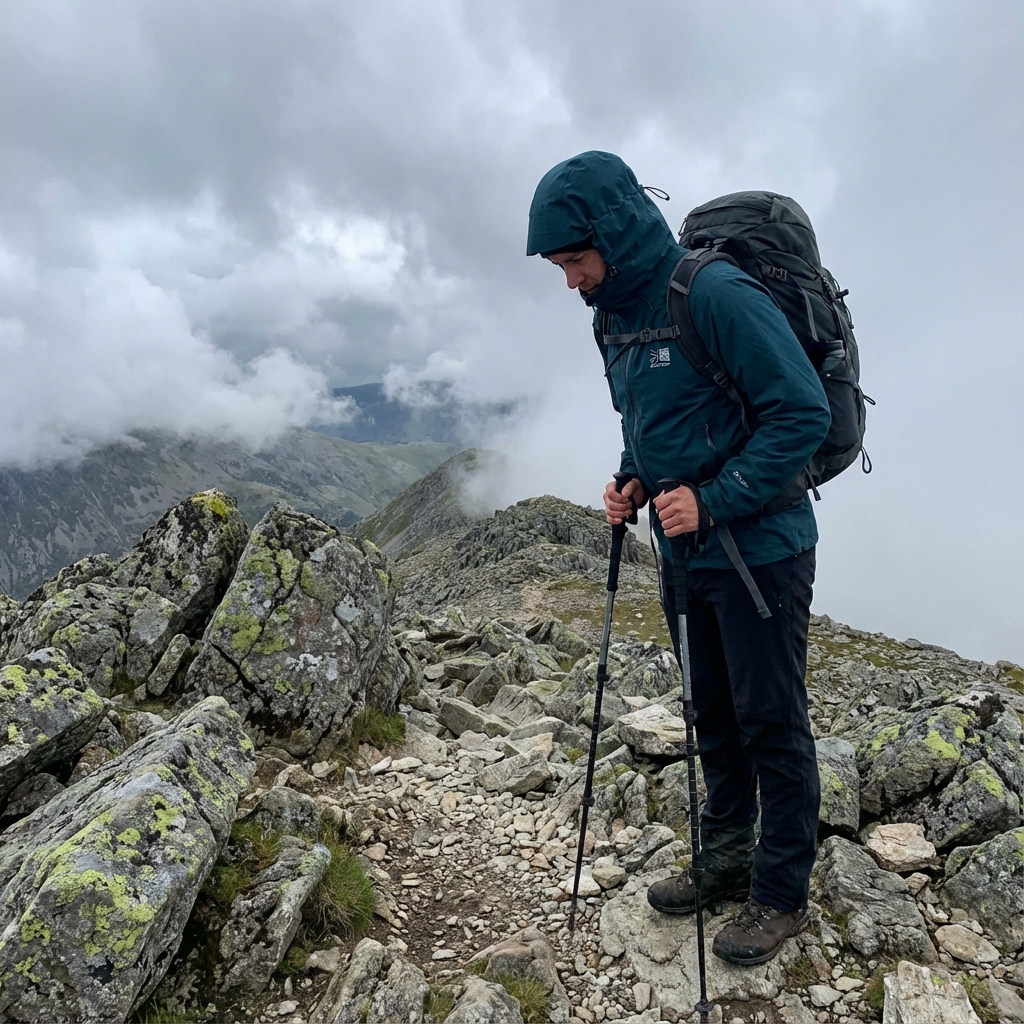 岩稜帯を登る登山者がG-TX Performance Rain Jacketを着ている写真。強風が吹き荒れる中、ジャケットがバタつかずフィットしている様子。