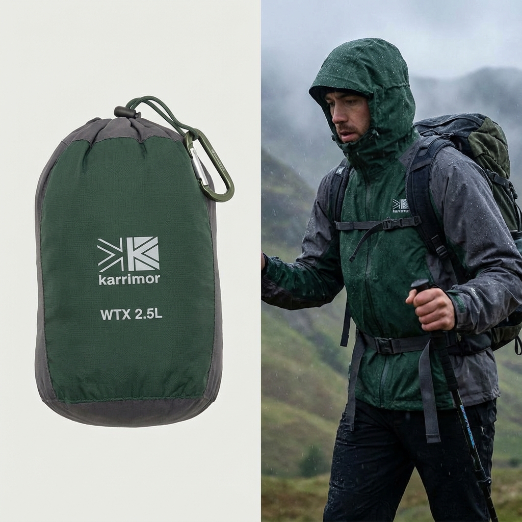 WTX 2.5Lジャケットをフードに収納してコンパクトにした状態と、着用している登山者の写真を並べたコラージュ。