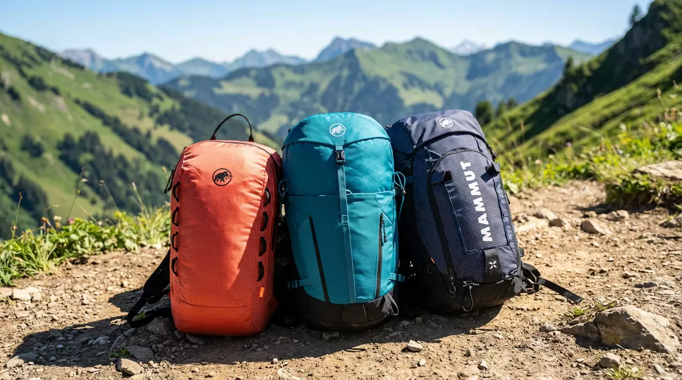 A high-quality photo of a Mammut backpack with the iconic mammoth logo, set against a blurred background of a green mountain trail. Bright, sunny atmosphere.