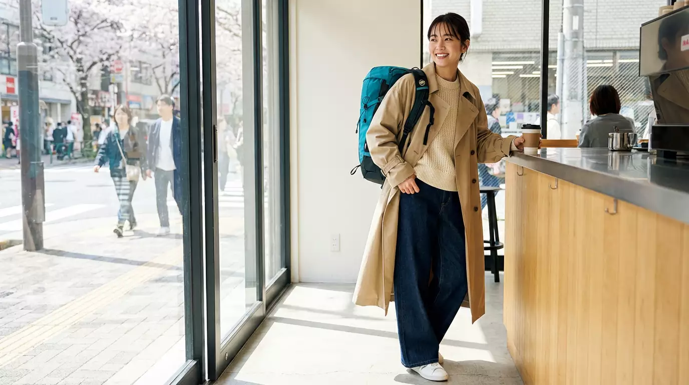 A hiker wearing a Mammut Ducan backpack, walking on a sunny trail. Close-up on the back panel showing the "air space" gap between the back and the pack. Visualizing breathability.