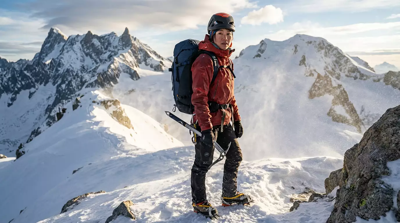 A young woman using a Mammut Lithium backpack in a city setting (cafe or street), looking stylish. The backpack looks lightweight and fits a casual outfit.