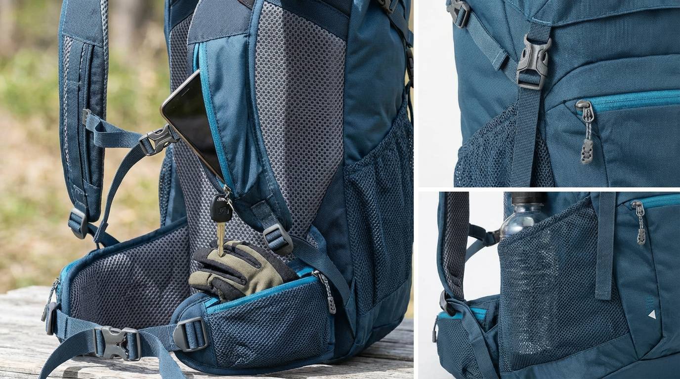 Image Prompt: ミレー「サースフェー」の機能的な背面やポケットのクローズアップ。使いやすそうなディテール。