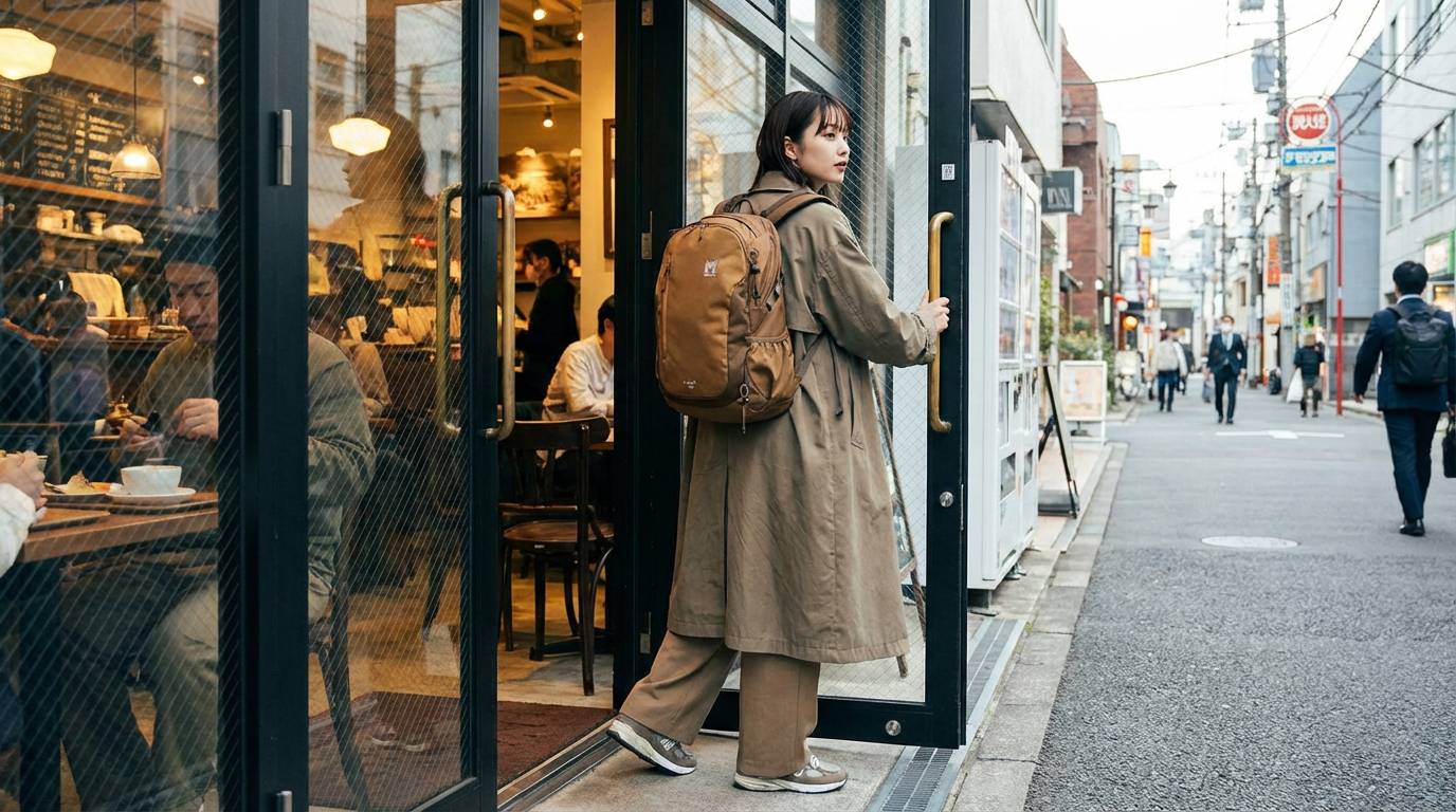 Image Prompt: ミレー「クーラ」を背負って、街中のカフェに入る女性。アウトドアミックスなファッション。