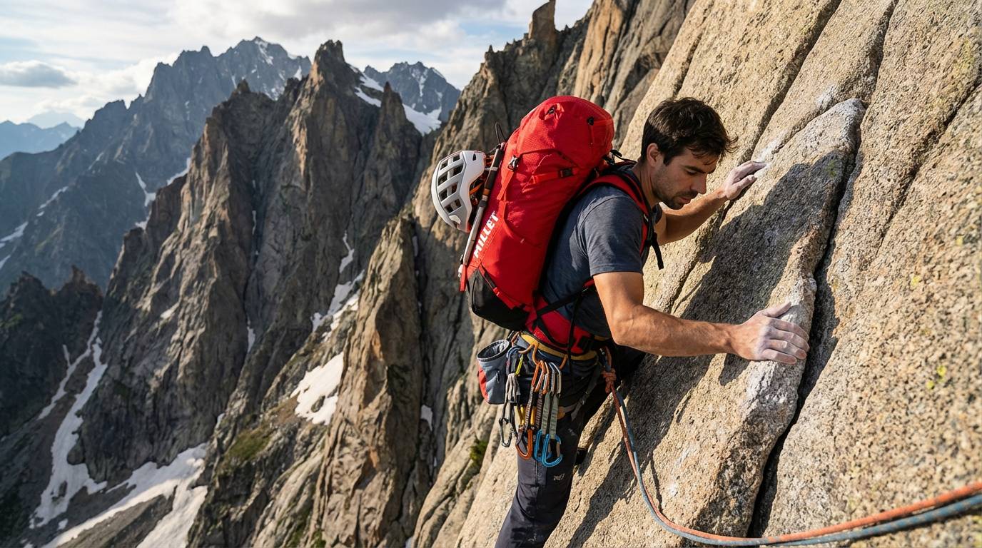 Image Prompt: ミレー「プロライター」を背負って、岩場を登るクライマー。テクニカルな雰囲気。