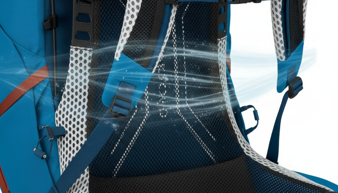 オスプレー「アトモスAG」の背面メッシュ構造のクローズアップ。風が通り抜けるイメージのエフェクト。