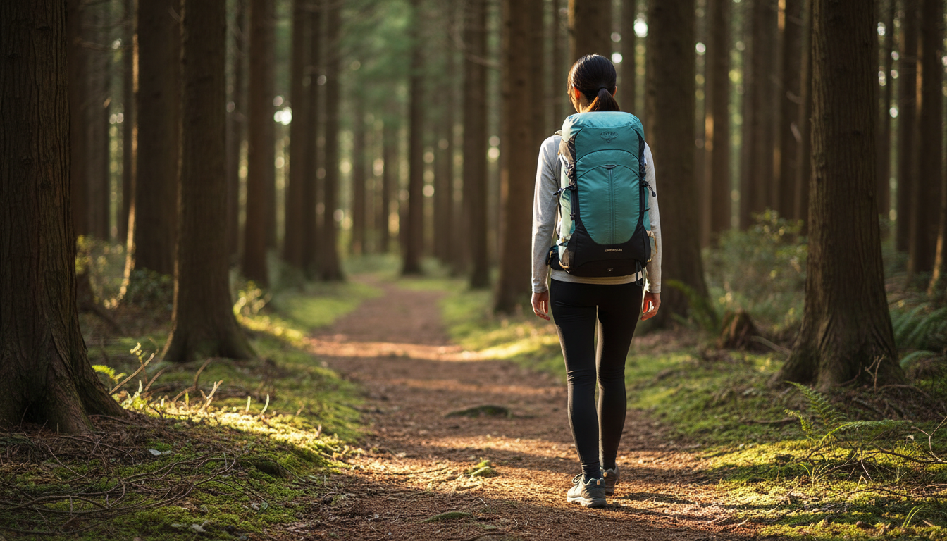 オスプレー「エクソス」を背負い、軽快にトレイルランニングに近いスピードで歩くハイカー。スポーティーな雰囲気。